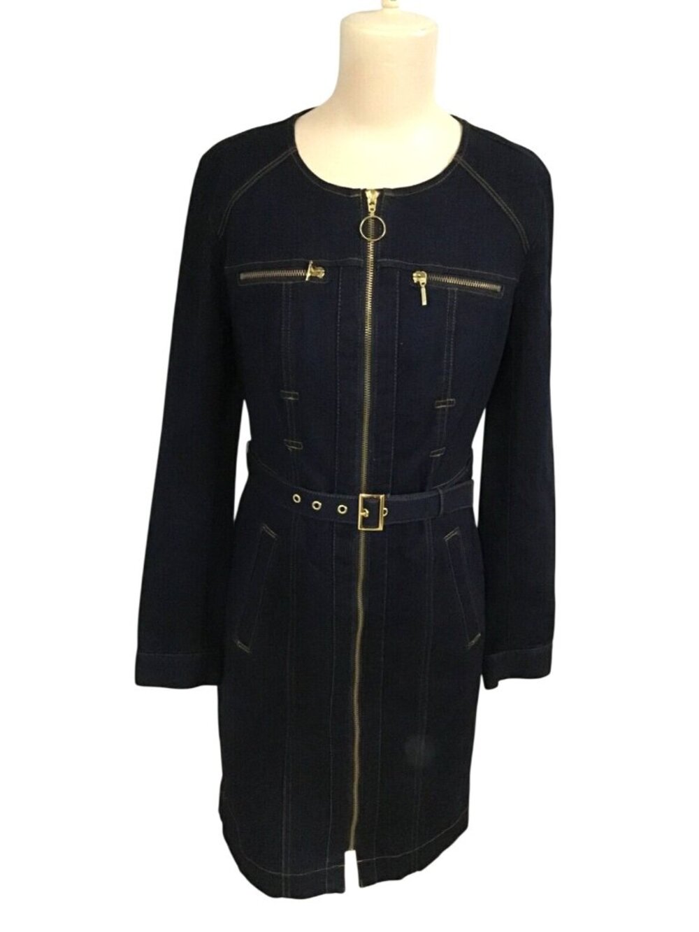 INC International Concepts Size 4 Dark Wash Denim Long Sleeve Belted Dress